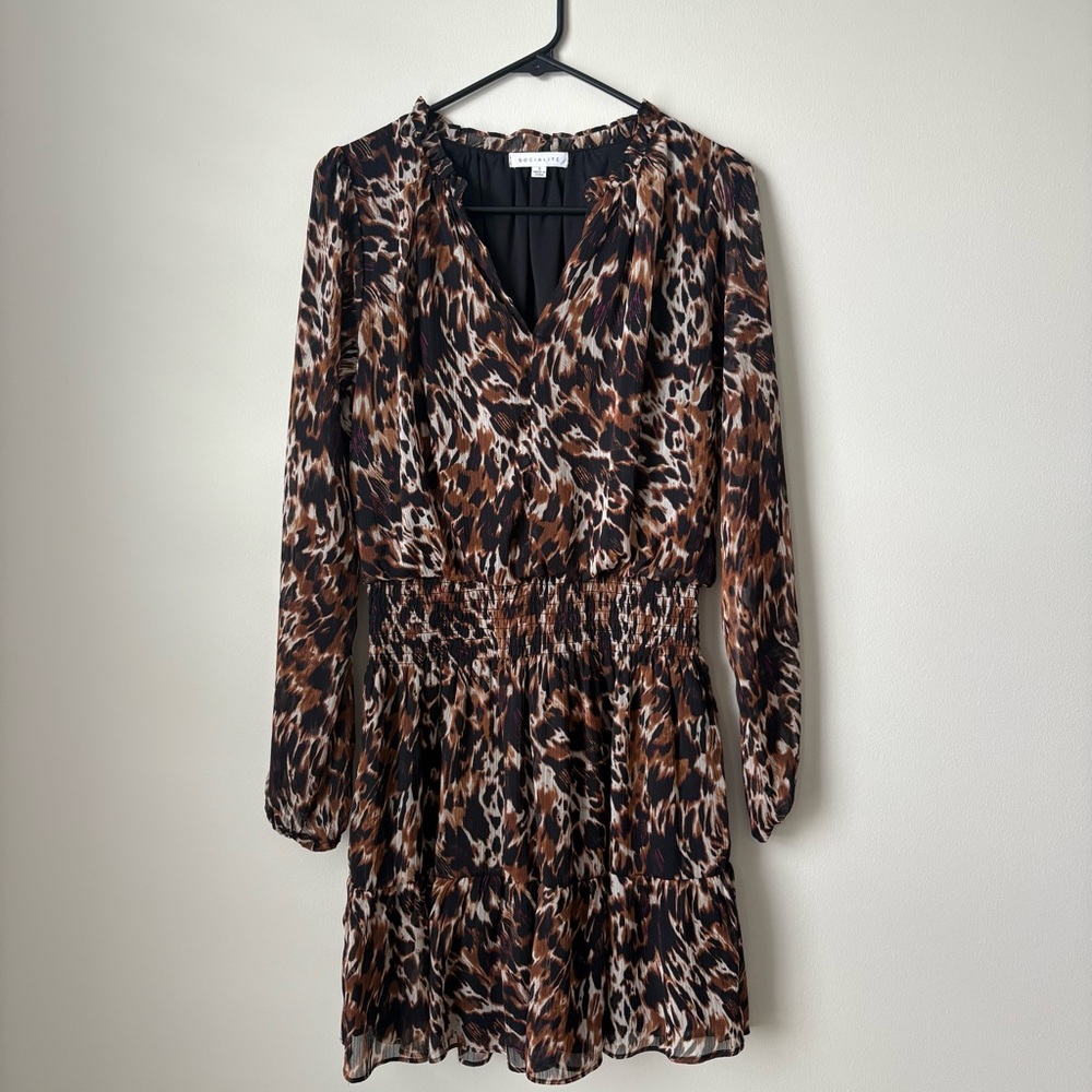 Socialite Brown and Black Animal Print Long Sleeve Dress size small